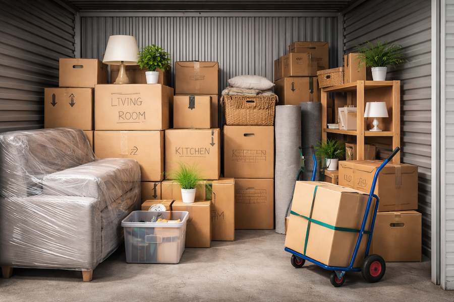 Flyttlådor och möbler står ordnat i ett magasin under flytt, med kartonger staplade och möbler skyddade i plast.